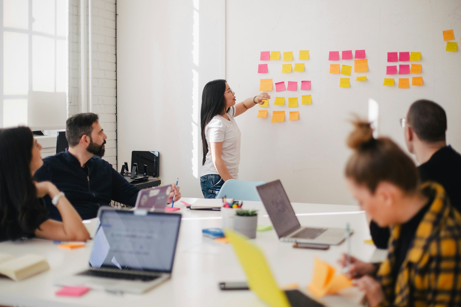 Team collaborating around a whiteboard in an office
